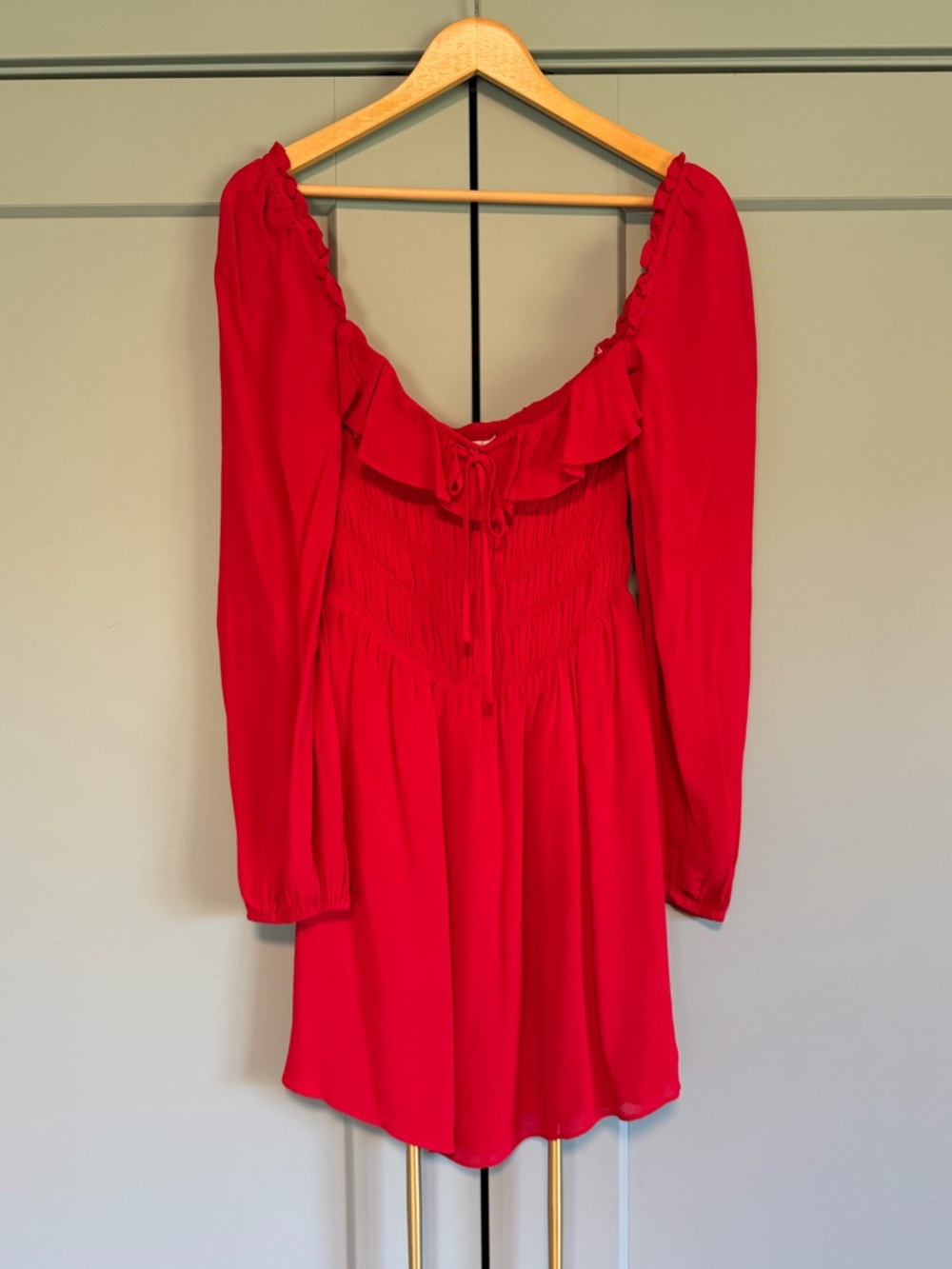 Reformation Red Long-Sleeve Smocked Ruffle Dress